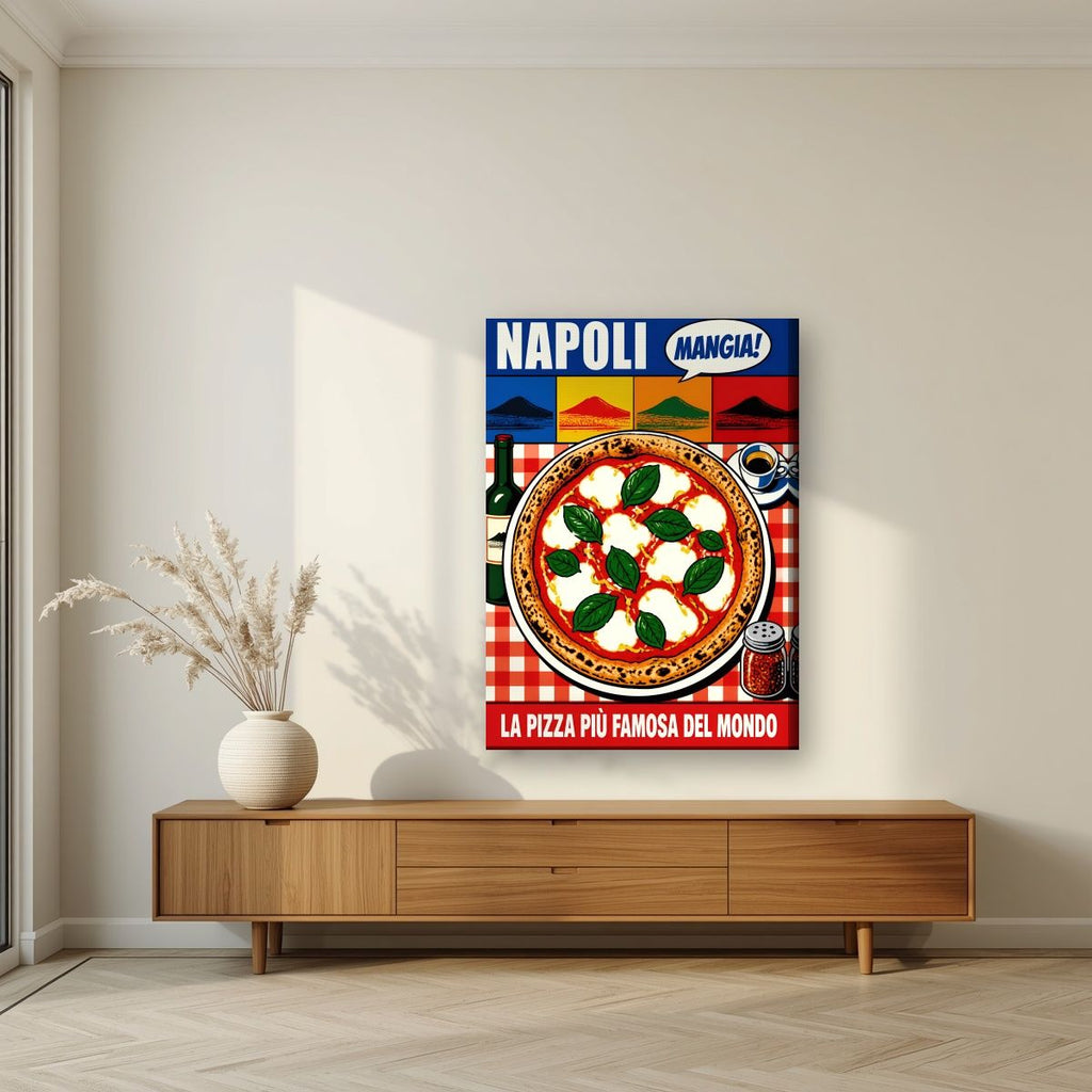 Mangia! — Napoli art print, on slim canvas, styled in a living room
