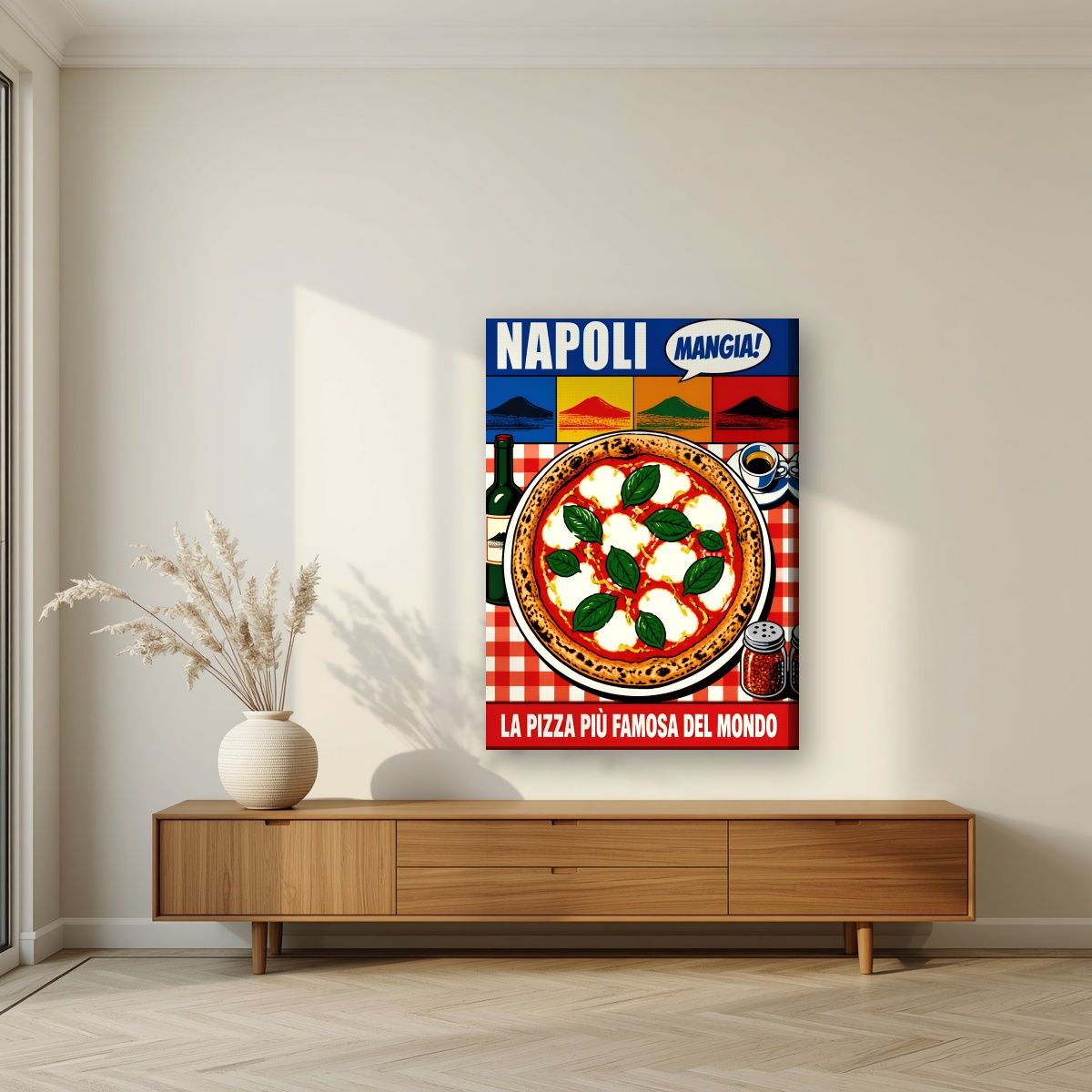 Mangia! — Napoli art print, on slim canvas, styled in a living room