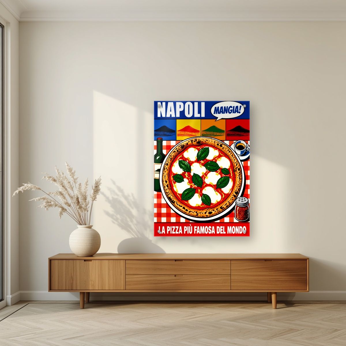 Mangia! — Napoli art print, as an acrylic print, styled in a living room