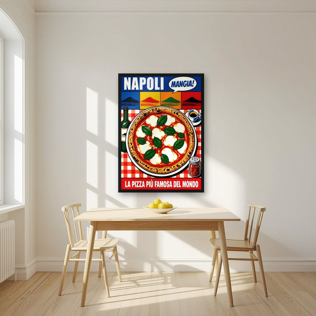 Mangia! — Napoli art print, in a black frame, styled in a kitchen