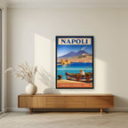 Pescatore Del Golfo — Napoli art print, in a black frame, styled in a living room