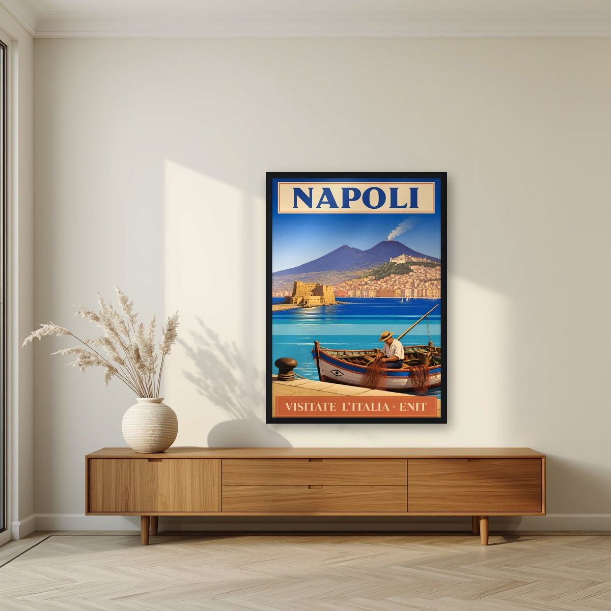 Pescatore Del Golfo — Napoli art print, in a black frame, styled in a living room