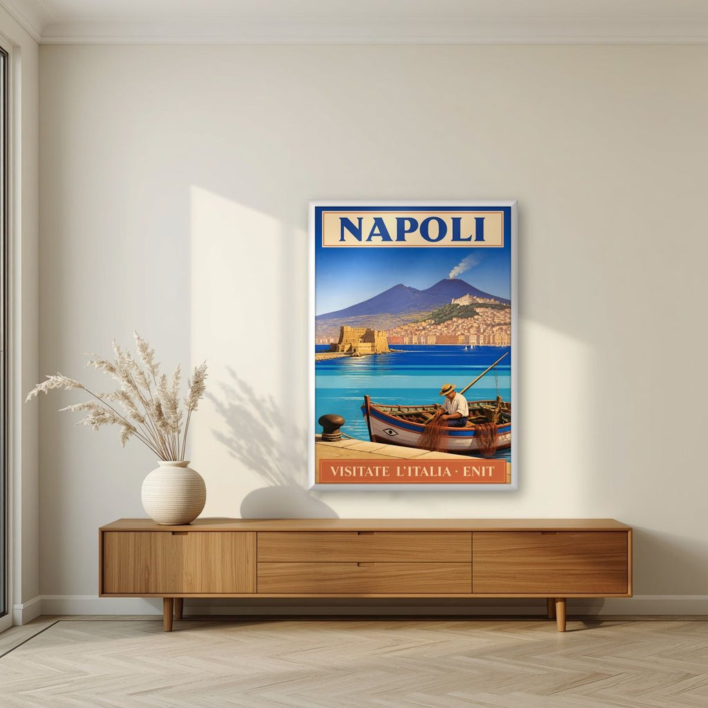 Pescatore Del Golfo — Napoli art print, in a white frame, styled in a living room
