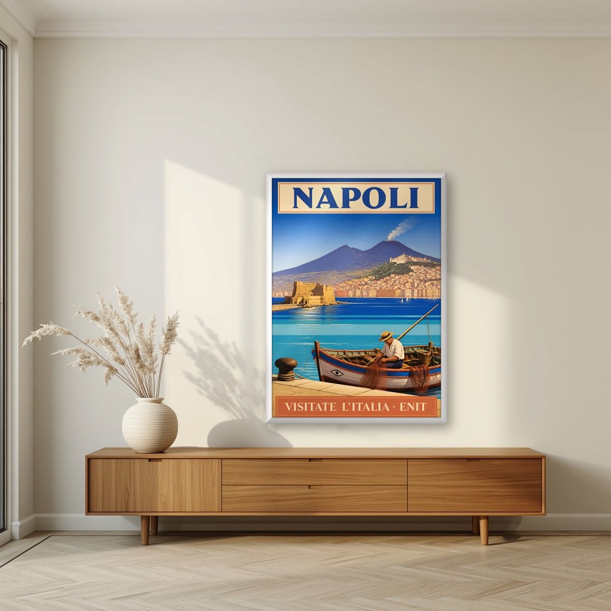 Pescatore Del Golfo — Napoli art print, in a white frame, styled in a living room