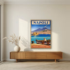 Pescatore Del Golfo — Napoli art print, in an oak frame, styled in a living room