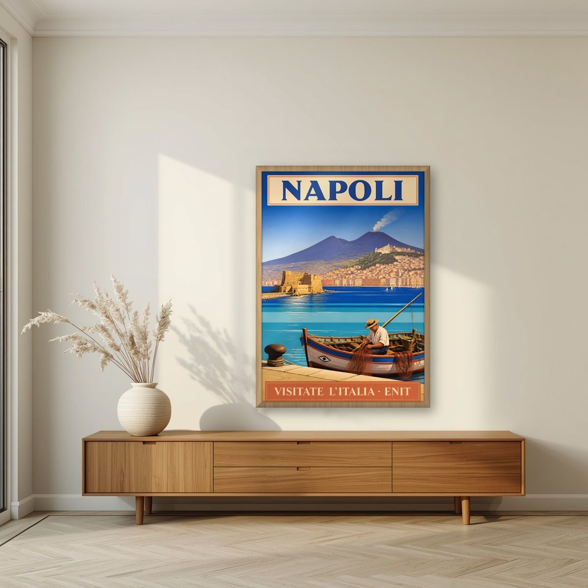 Pescatore Del Golfo — Napoli art print, in an oak frame, styled in a living room