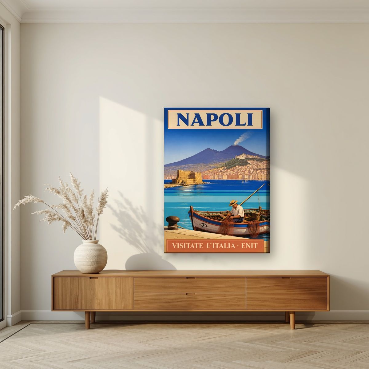 Pescatore Del Golfo — Napoli art print, on slim canvas, styled in a living room