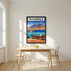 Pescatore Del Golfo — Napoli art print, in a black frame, styled in a kitchen