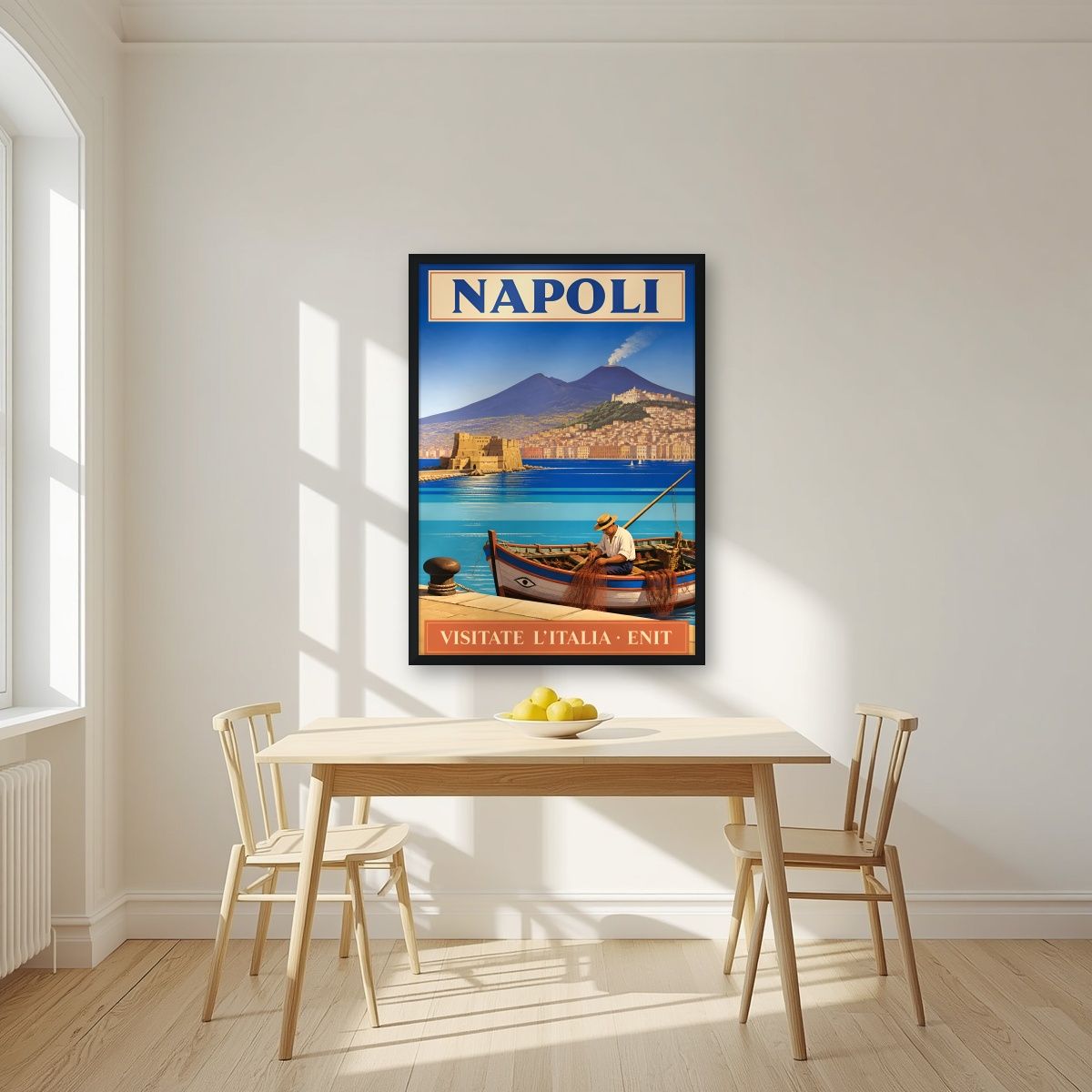 Pescatore Del Golfo — Napoli art print, in a black frame, styled in a kitchen