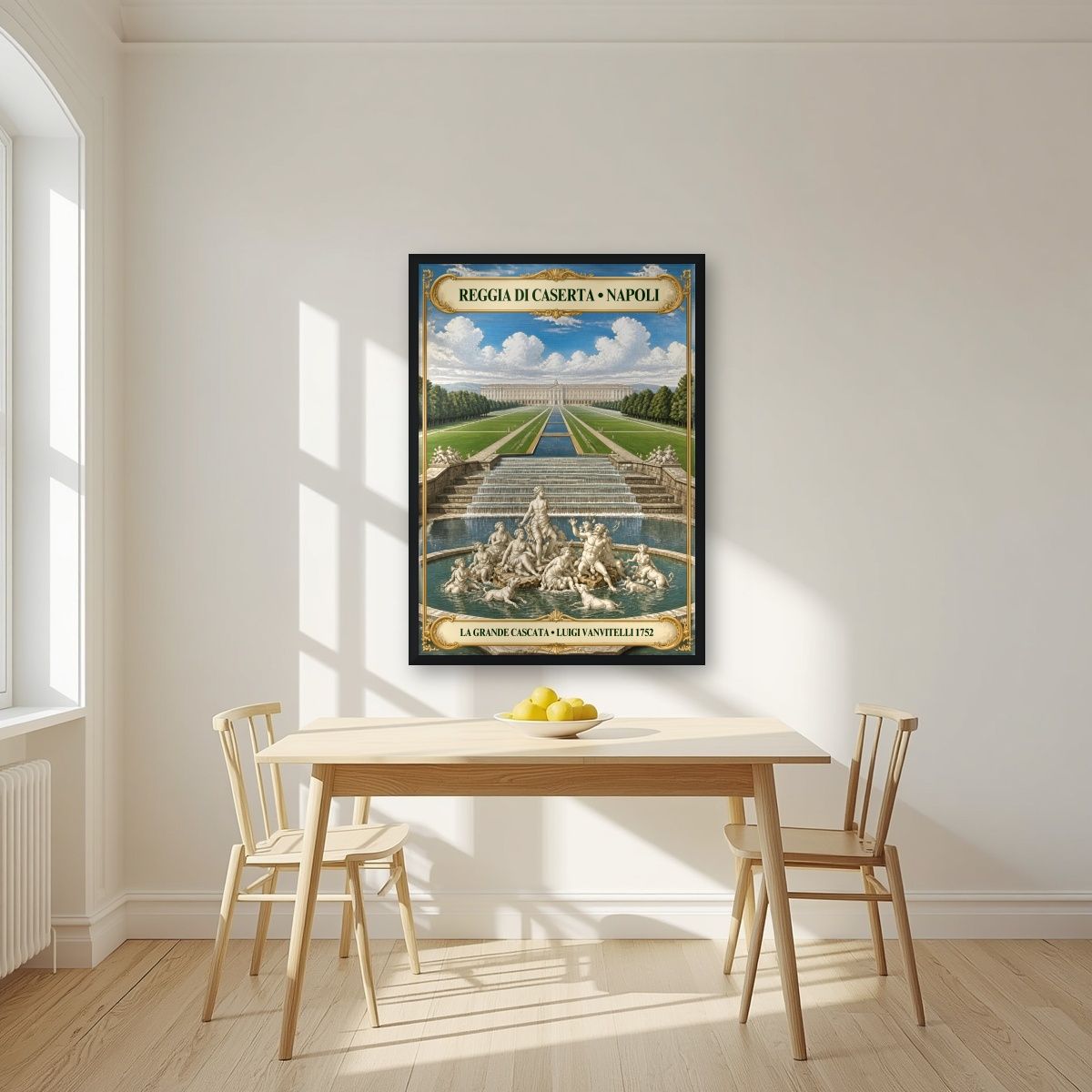 Reggia Di Caserta — Napoli art print, in a black frame, styled in a kitchen