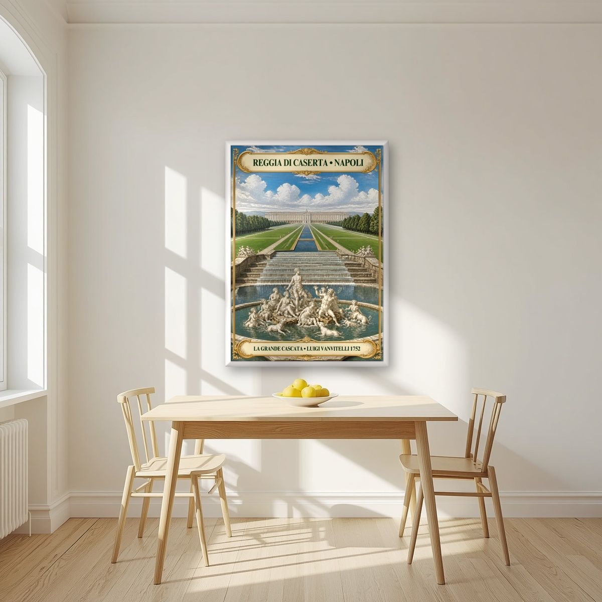 Reggia Di Caserta — Napoli art print, in a white frame, styled in a kitchen