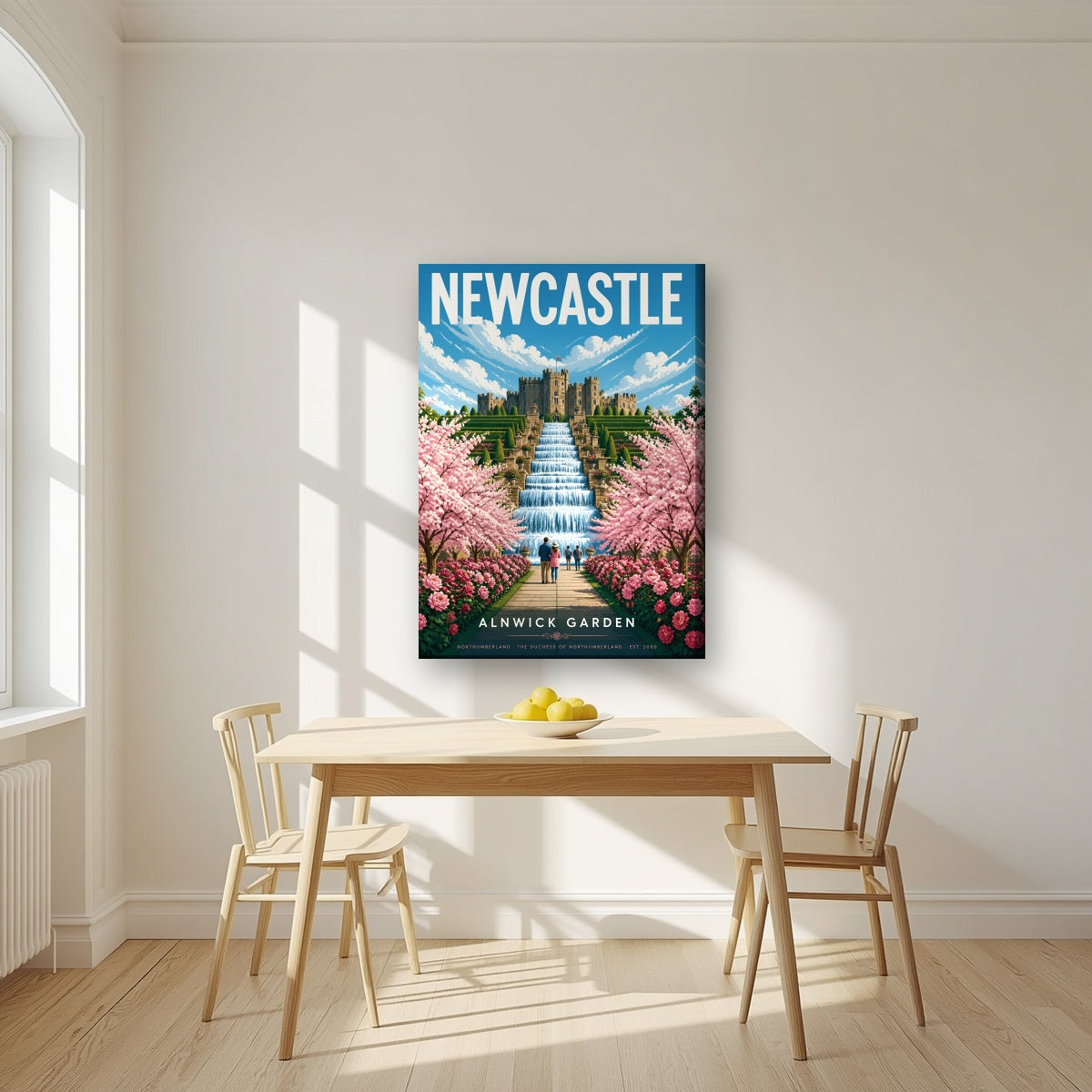 Alnwick Garden Newcastle art print on a slim-edge canvas, above a dining table in a bright kitchen
