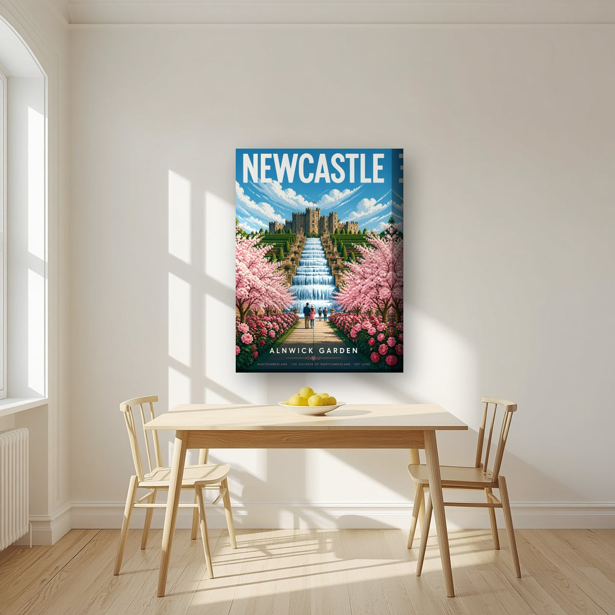 Alnwick Garden Newcastle art print on a thick-edge canvas, above a dining table in a bright kitchen