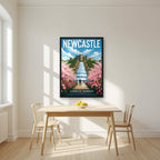 Alnwick Garden Newcastle art print in a black frame, above a dining table in a bright kitchen