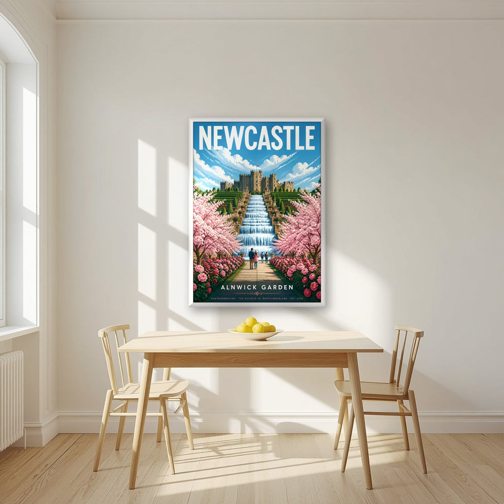 Alnwick Garden Newcastle art print in a white frame, above a dining table in a bright kitchen