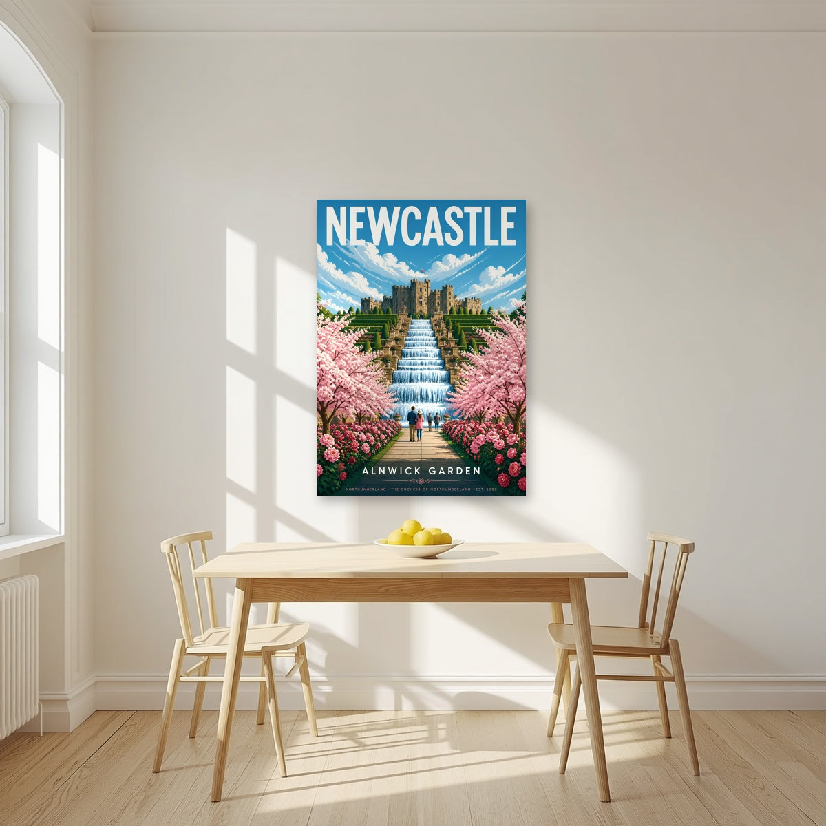 Alnwick Garden Newcastle art print as an unframed print, above a dining table in a bright kitchen