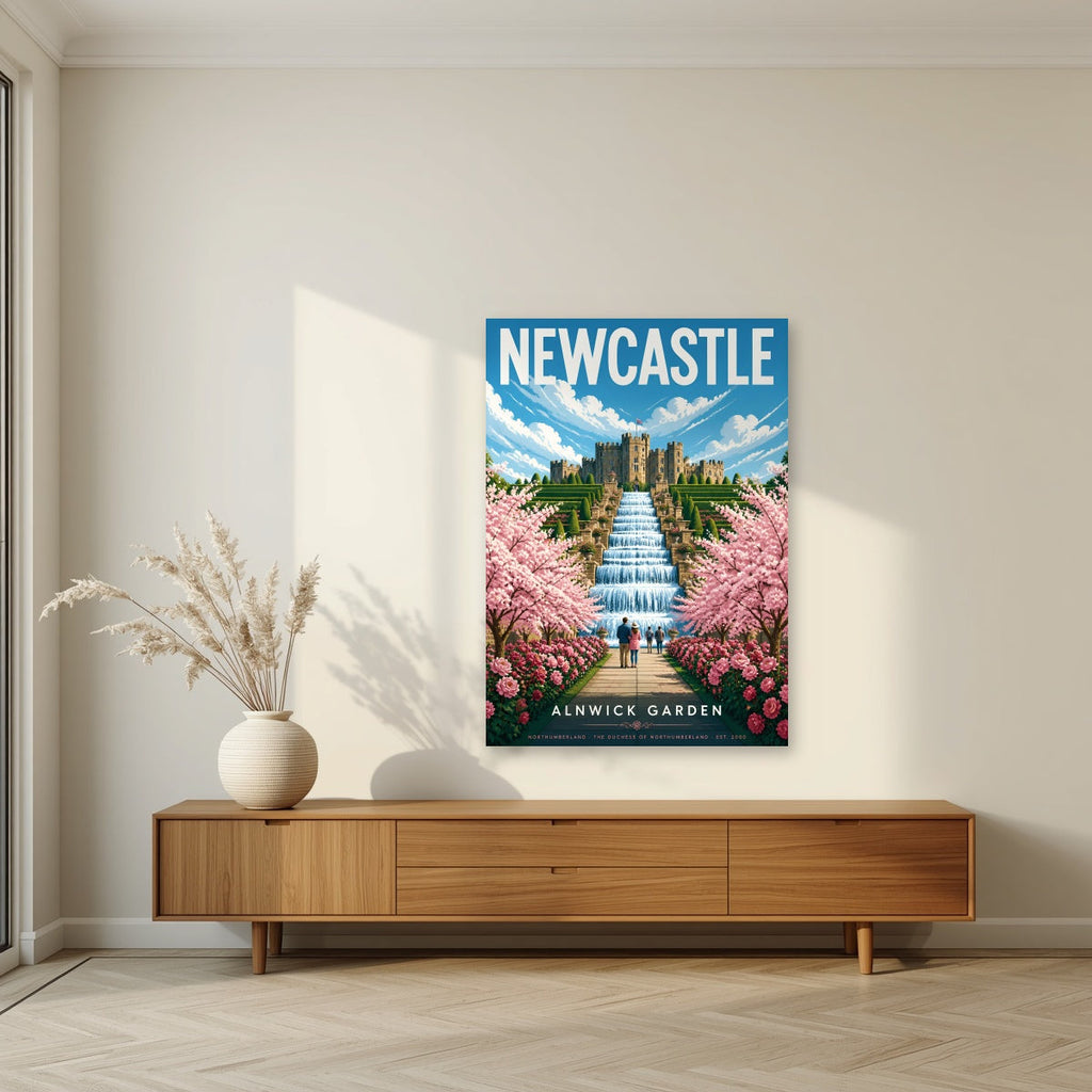 Alnwick Garden Newcastle art print as an unframed print, above a walnut sideboard in a living room