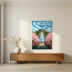 Alnwick Garden Newcastle art print as an unframed print, above a walnut sideboard in a living room