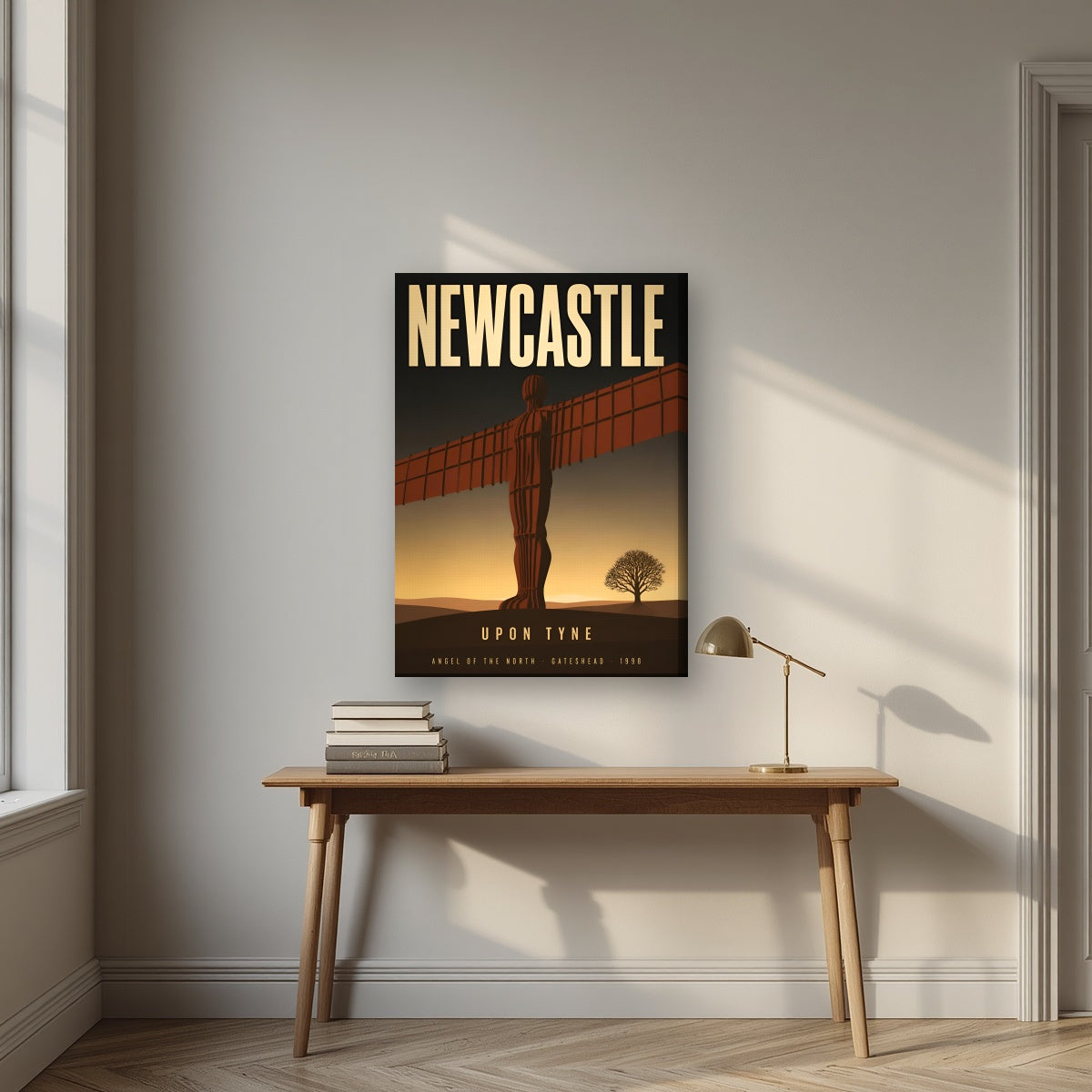 Angel of the North Newcastle art print on a slim-edge canvas, above an oak writing desk