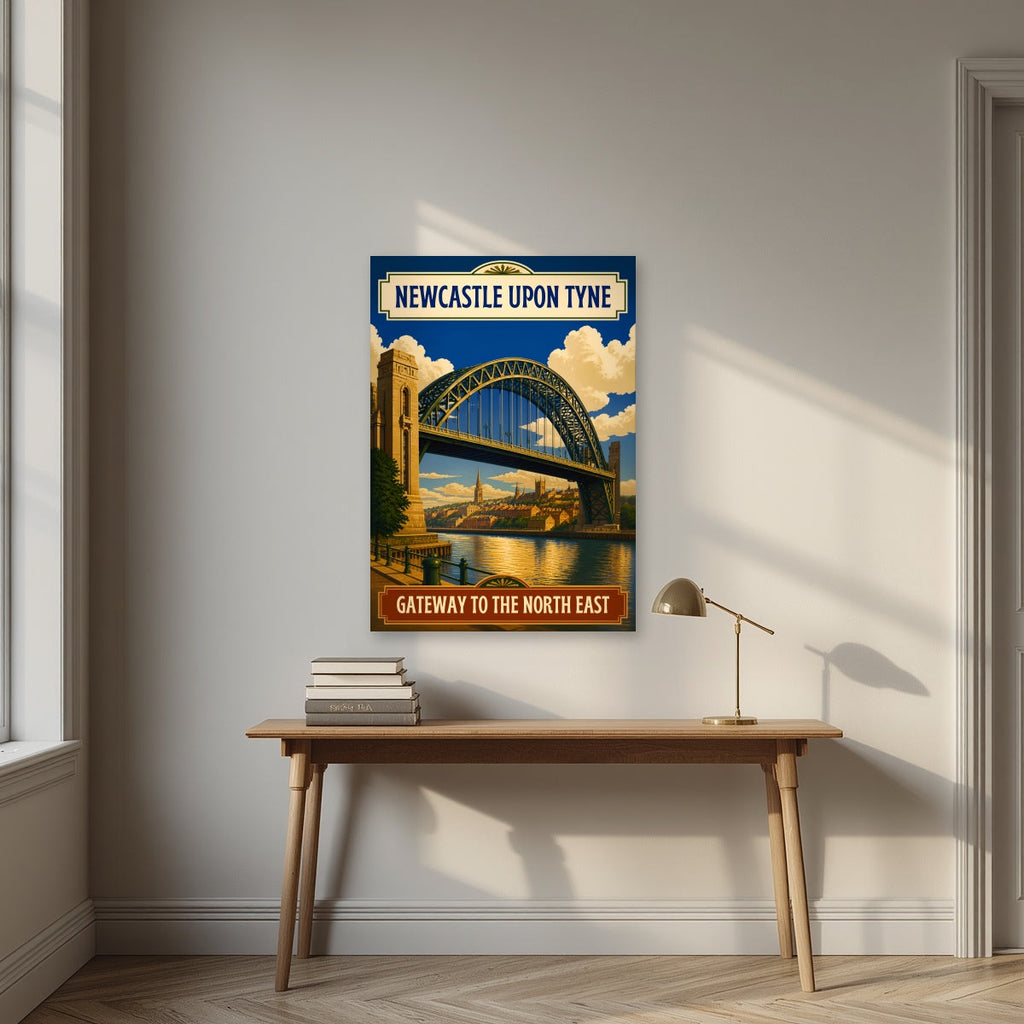 Gateway to the North East Newcastle art print as an unframed print, above an oak writing desk