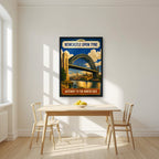 Gateway to the North East Newcastle art print in a black frame, above a dining table in a bright kitchen