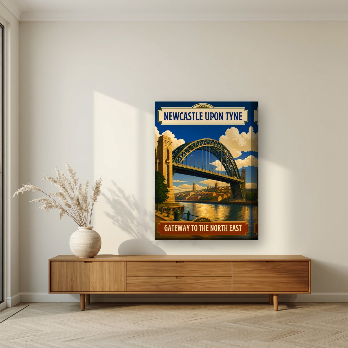 Gateway to the North East Newcastle art print on a thick-edge canvas, above a walnut sideboard in a living room