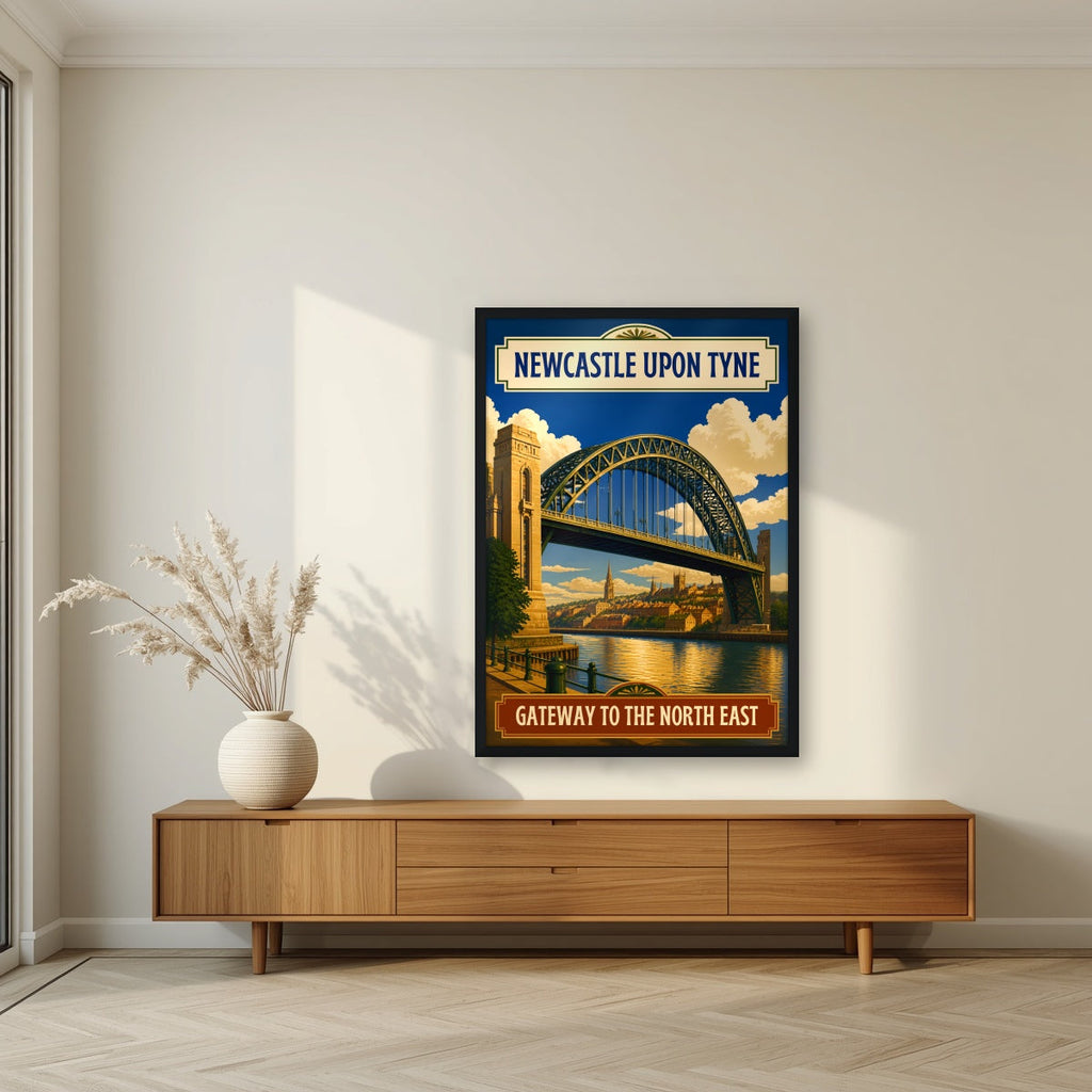 Gateway to the North East Newcastle art print in a black frame, above a walnut sideboard in a living room