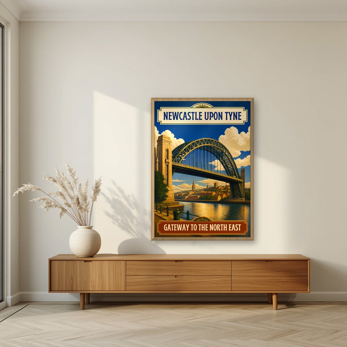 Gateway to the North East Newcastle art print in an oak frame, above a walnut sideboard in a living room