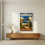 Gateway to the North East Newcastle art print in a white frame, above a walnut sideboard in a living room