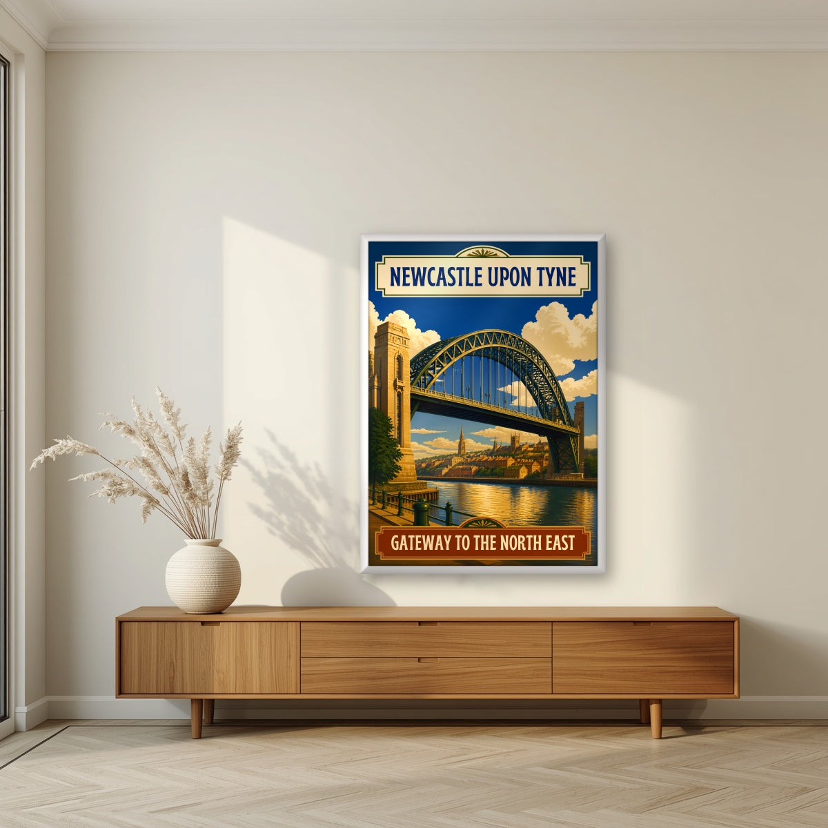Gateway to the North East Newcastle art print in a white frame, above a walnut sideboard in a living room