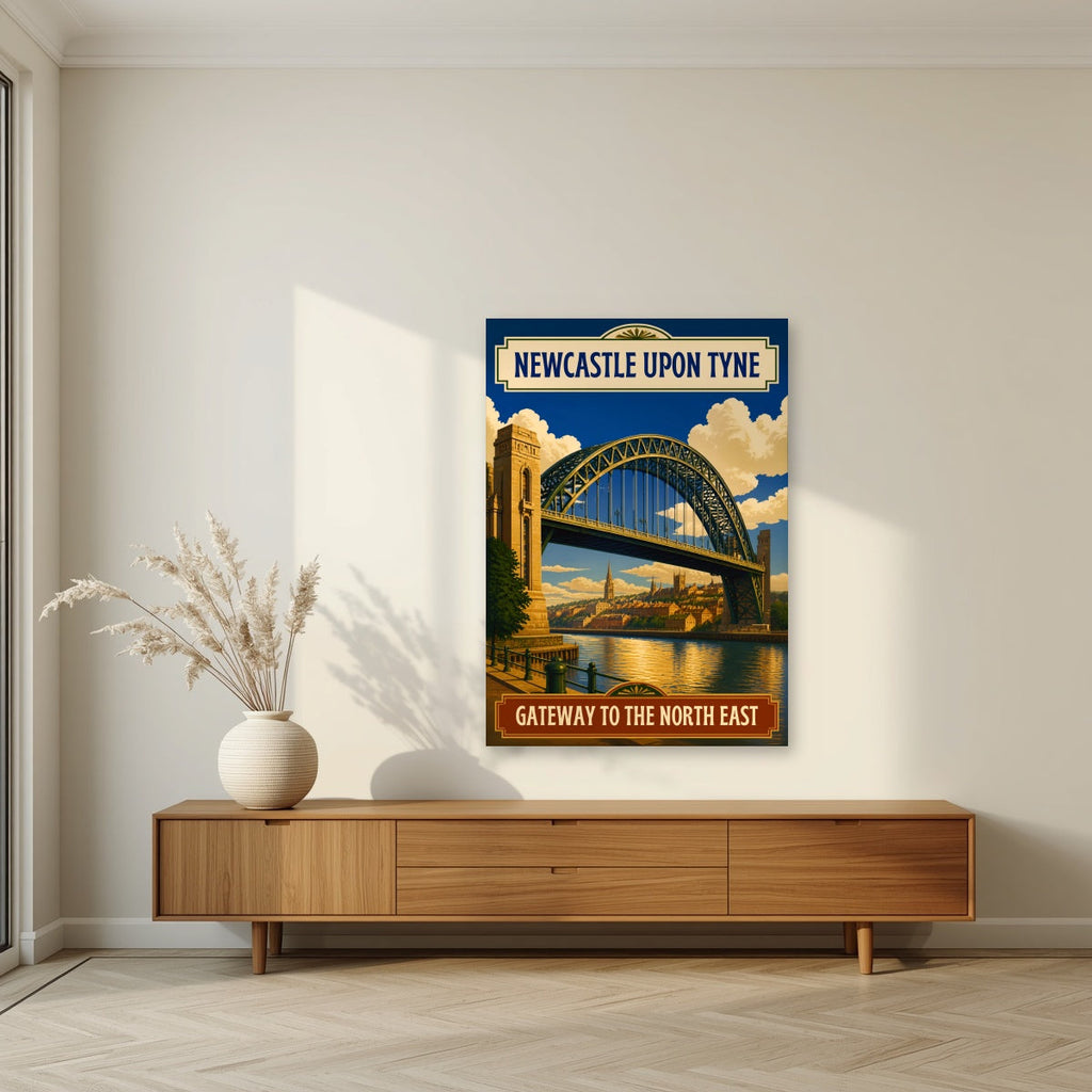 Gateway to the North East Newcastle art print as an unframed print, above a walnut sideboard in a living room