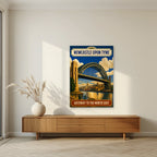 Gateway to the North East Newcastle art print as an unframed print, above a walnut sideboard in a living room