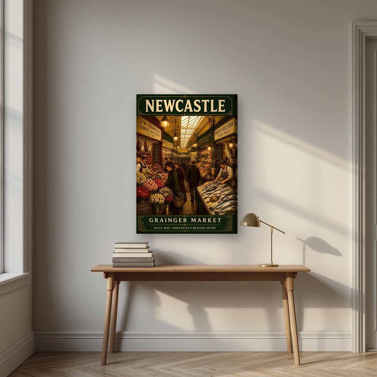 Grainger Market Newcastle art print on a slim-edge canvas, above an oak writing desk