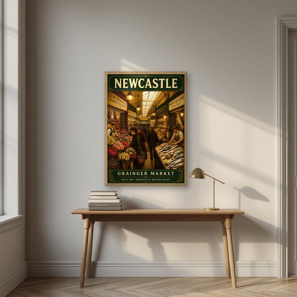 Grainger Market Newcastle art print in an oak frame, above an oak writing desk