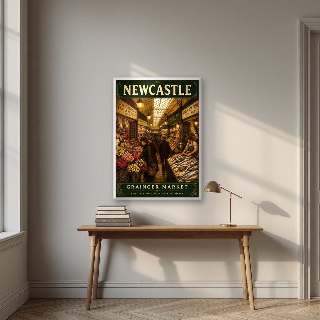 Grainger Market Newcastle art print in a white frame, above an oak writing desk