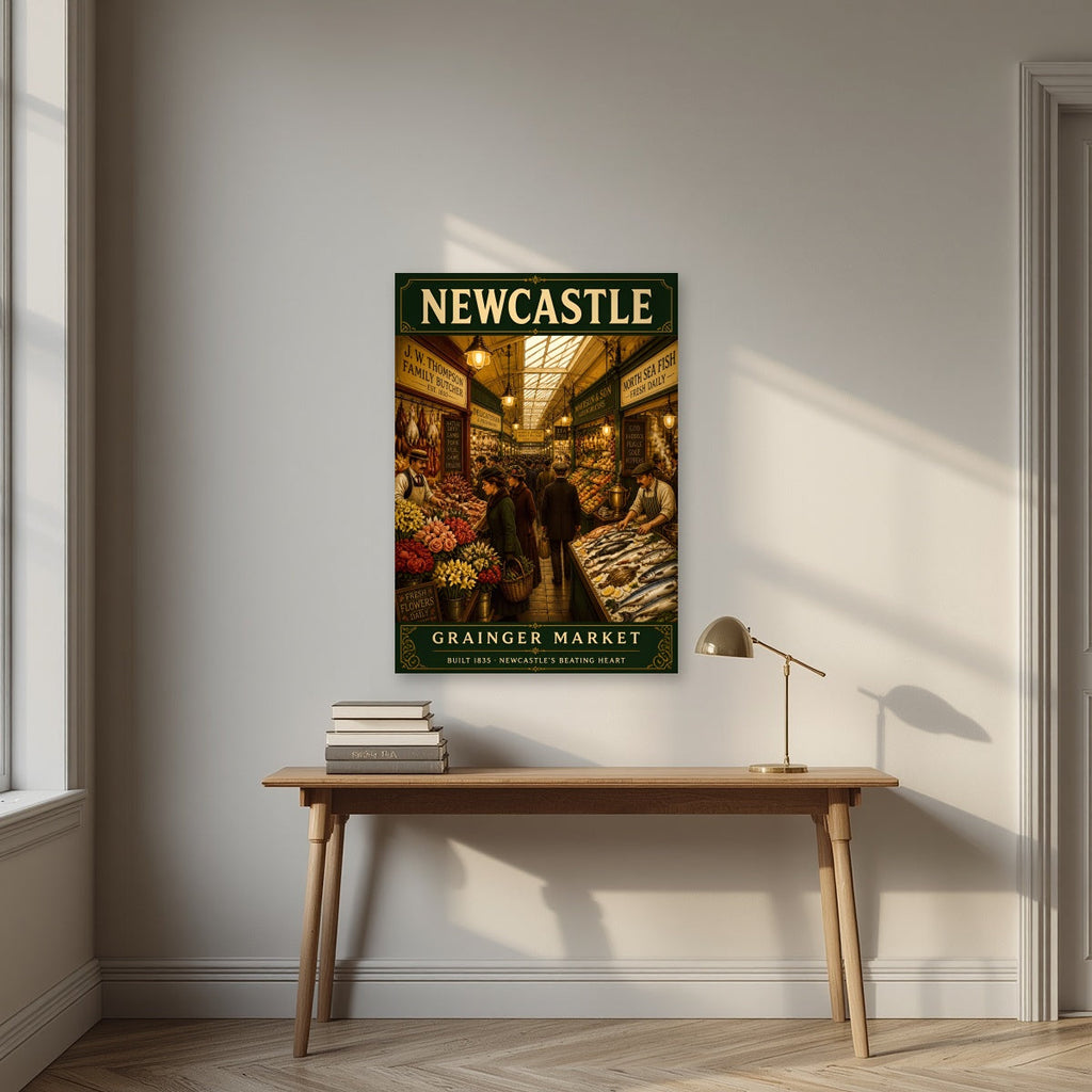Grainger Market Newcastle art print as an unframed print, above an oak writing desk