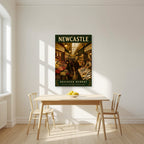 Grainger Market Newcastle art print as an unframed print, above a dining table in a bright kitchen