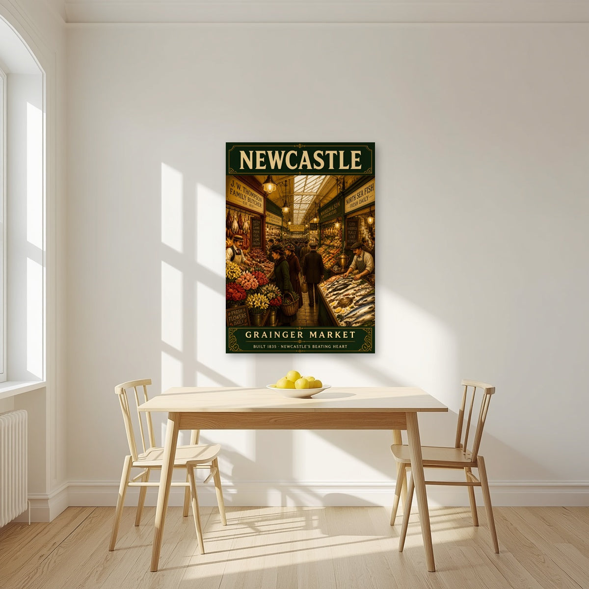 Grainger Market Newcastle art print as an unframed print, above a dining table in a bright kitchen