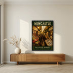 Grainger Market Newcastle art print in a black frame, above a walnut sideboard in a living room