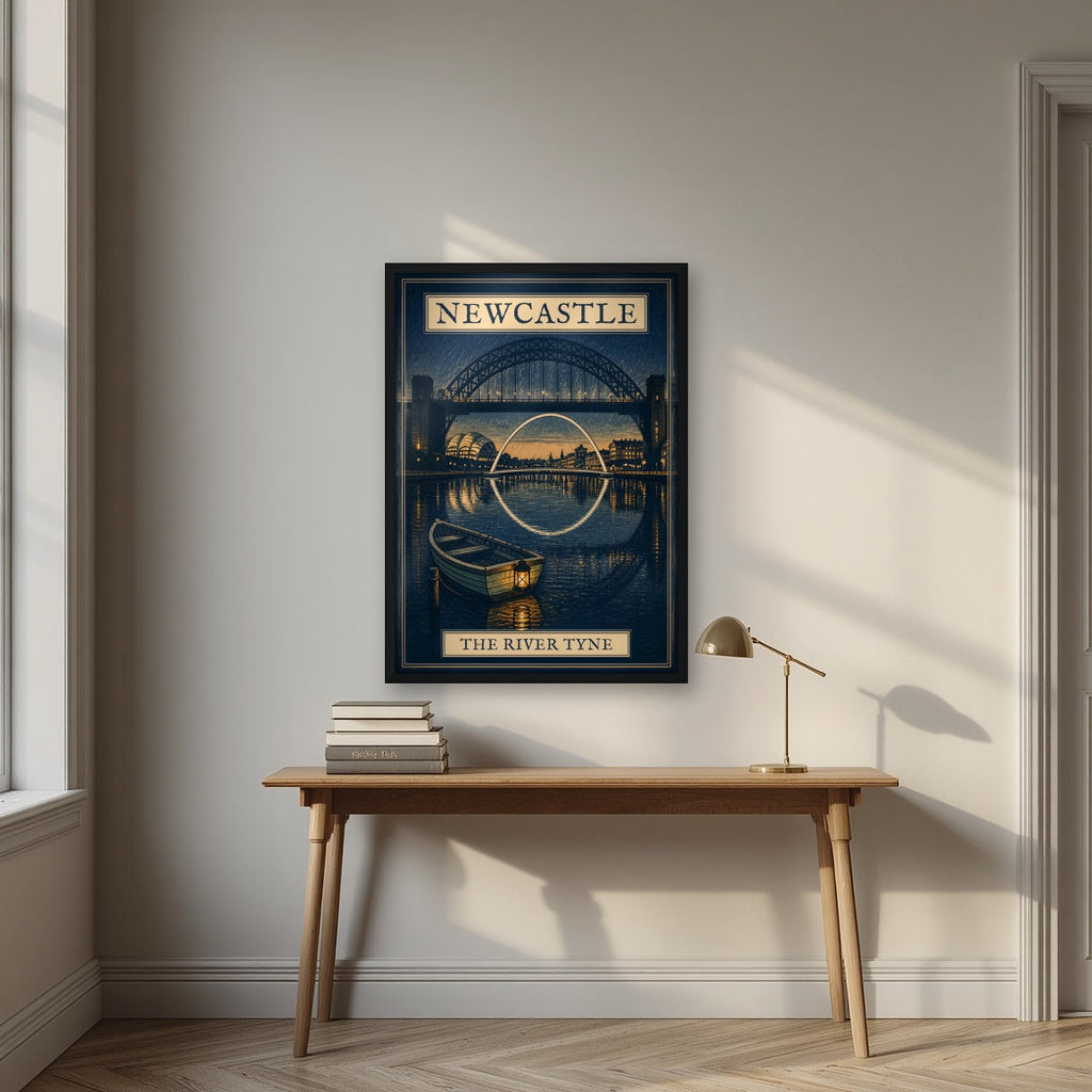 The River Tyne Newcastle art print in a black frame, above an oak writing desk