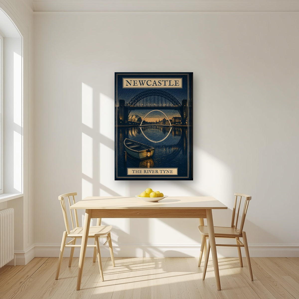 The River Tyne Newcastle art print on a slim-edge canvas, above a dining table in a bright kitchen