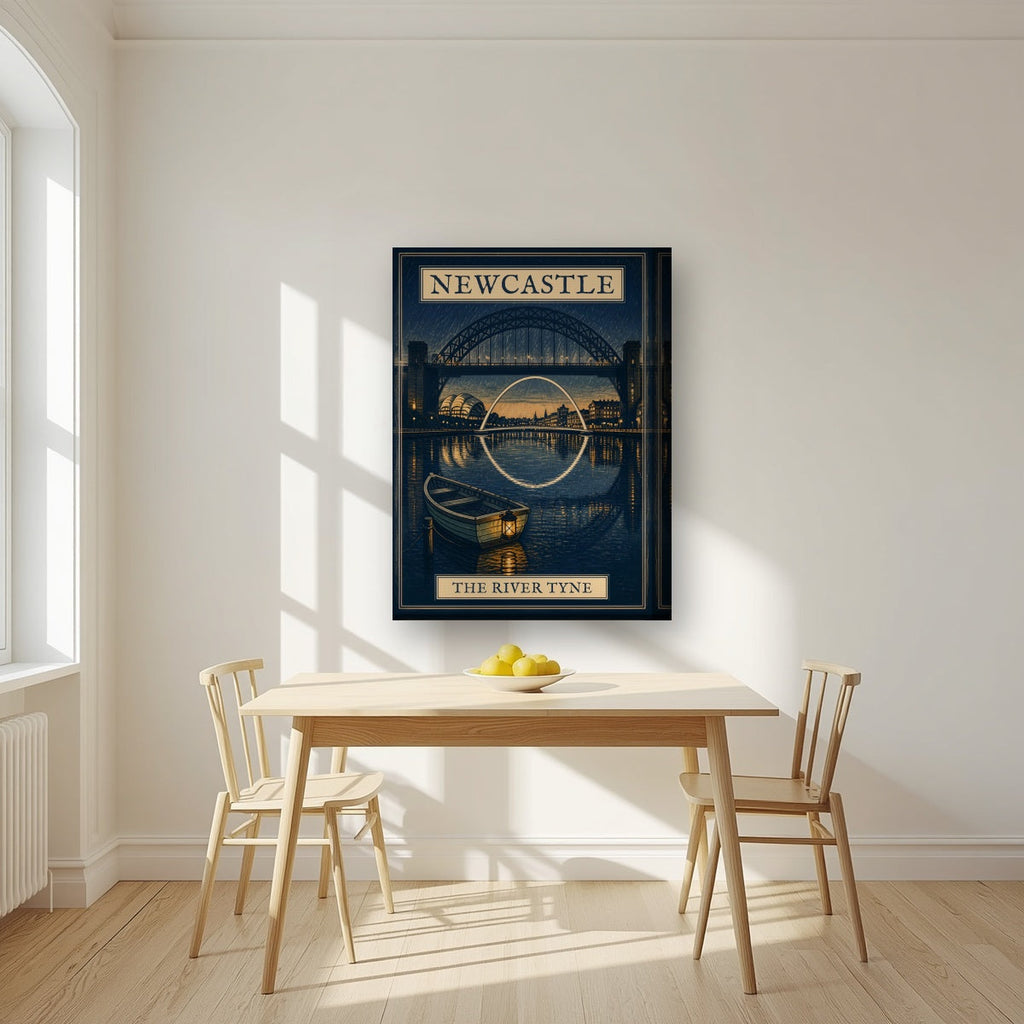 The River Tyne Newcastle art print on a thick-edge canvas, above a dining table in a bright kitchen