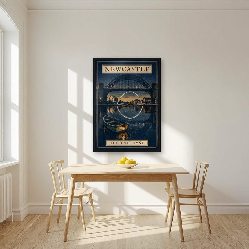 The River Tyne Newcastle art print in a black frame, above a dining table in a bright kitchen