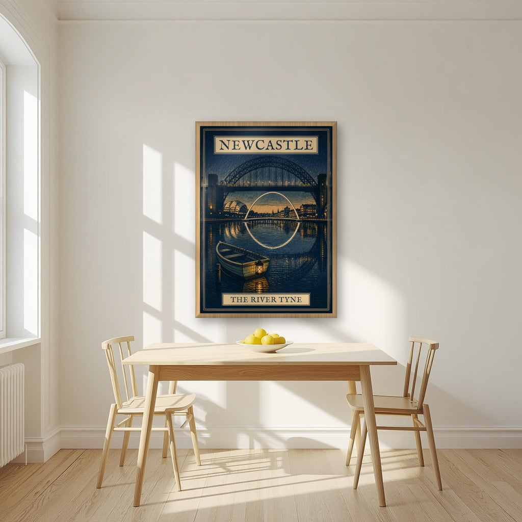 The River Tyne Newcastle art print in an oak frame, above a dining table in a bright kitchen