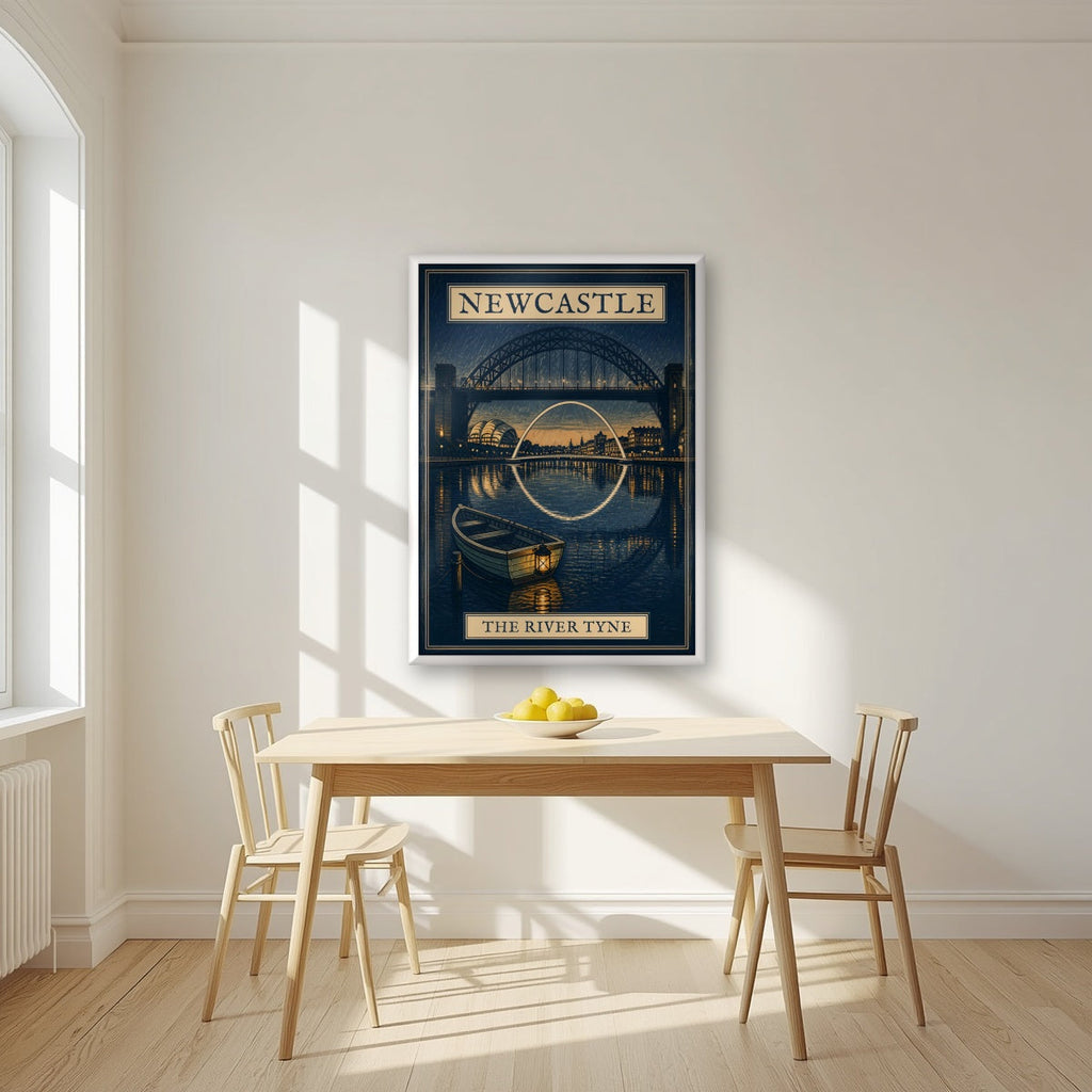 The River Tyne Newcastle art print in a white frame, above a dining table in a bright kitchen