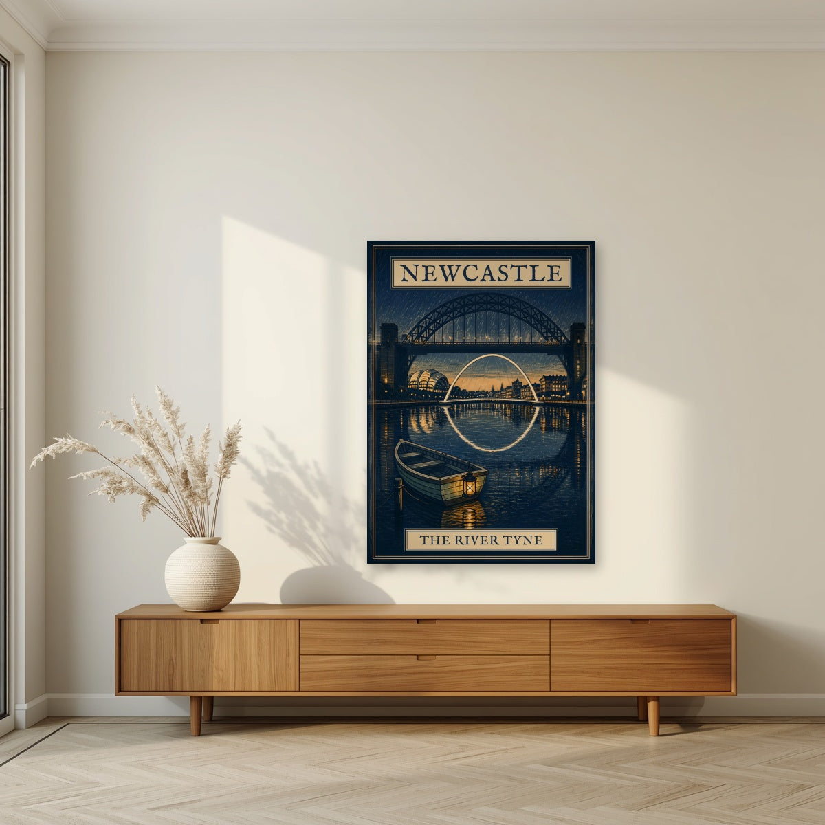 The River Tyne Newcastle art print as an unframed print, above a walnut sideboard in a living room
