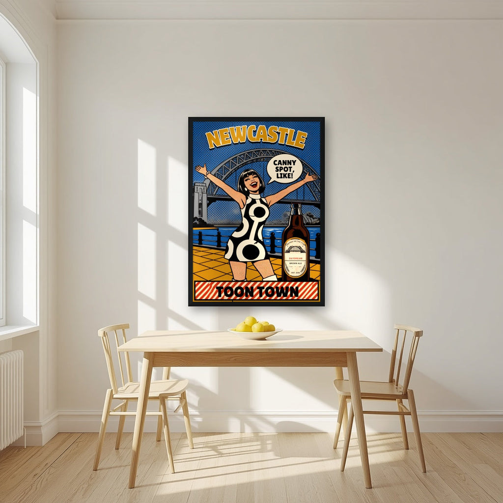 Toon Town Newcastle art print in a black frame, above a dining table in a bright kitchen