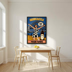 Toon Town Newcastle art print in a black frame, above a dining table in a bright kitchen