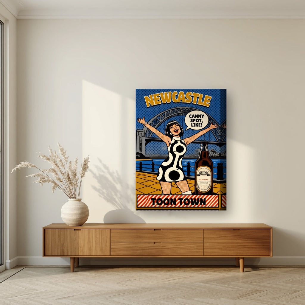 Toon Town Newcastle art print on a thick-edge canvas, above a walnut sideboard in a living room