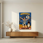 Toon Town Newcastle art print as an unframed print, above a walnut sideboard in a living room